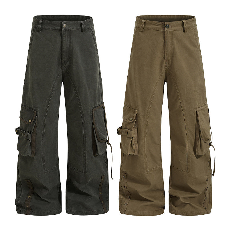 Yiaknis Wide-Leg Cargo Trousers, Pocket Straps, Dark Green and Khaki – photo 4