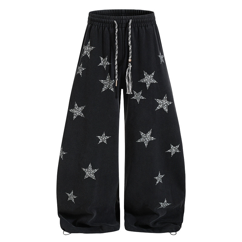 Yiaknis Wide-Leg Sweatpants with Star Print, Black