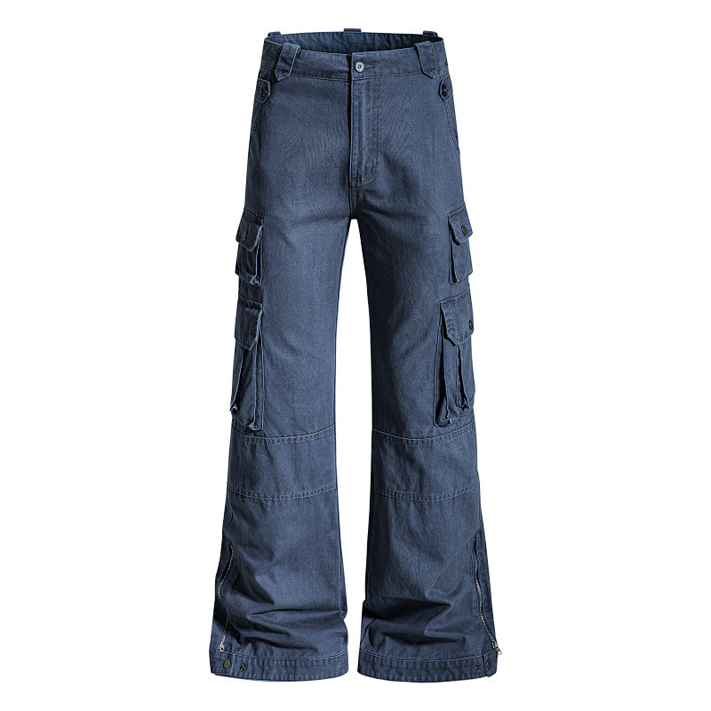 Yiaknis Wide-Leg Cargo Trousers with Flap Pockets, Blue and Dark Grey – photo 4