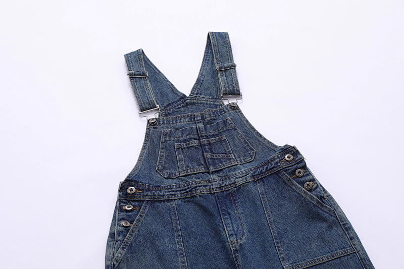 Yiaknis Wide-Leg Washed Denim Overalls, Front and Back Pockets, Blue