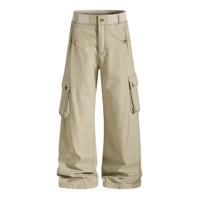 Yiaknis Khaki and Dark Grey Wide-Leg Cargo Trousers with Elastic Back Waist – photo 5