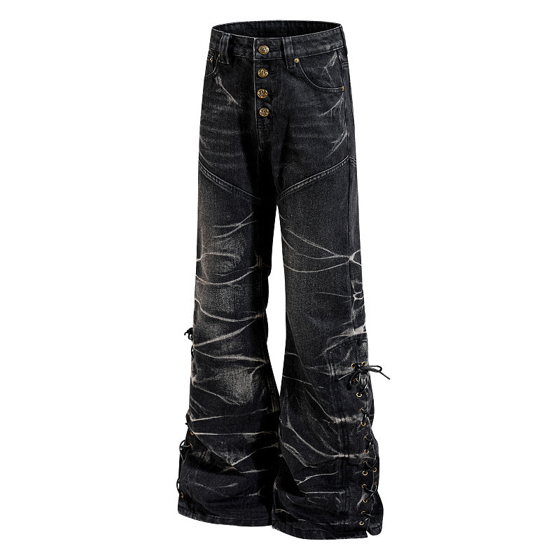 Yiaknis Black Washed Flared Jeans with Lace-Up Legs