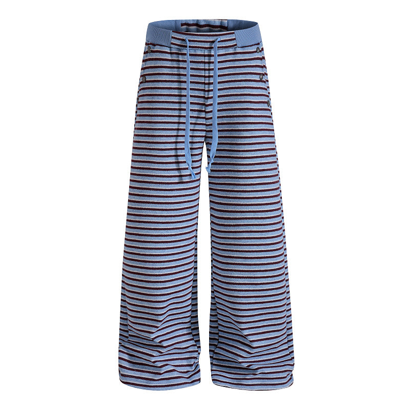 Yiaknis Wide-Leg Striped Sweatpants, Wing Print, Blue and Beige Stripes