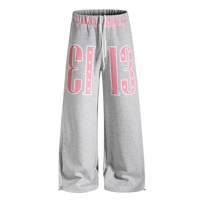 Yiaknis Wide-Leg Sweatpants with Large 13 Print, Light Grey and Blue