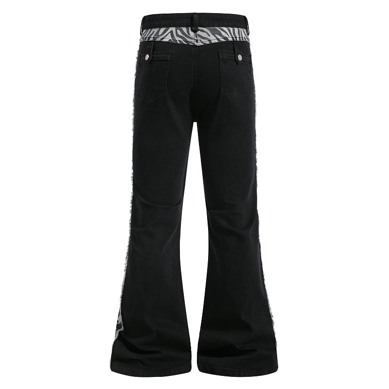 Yiaknis Black Flared Trousers with Zebra-Print Panels, Black