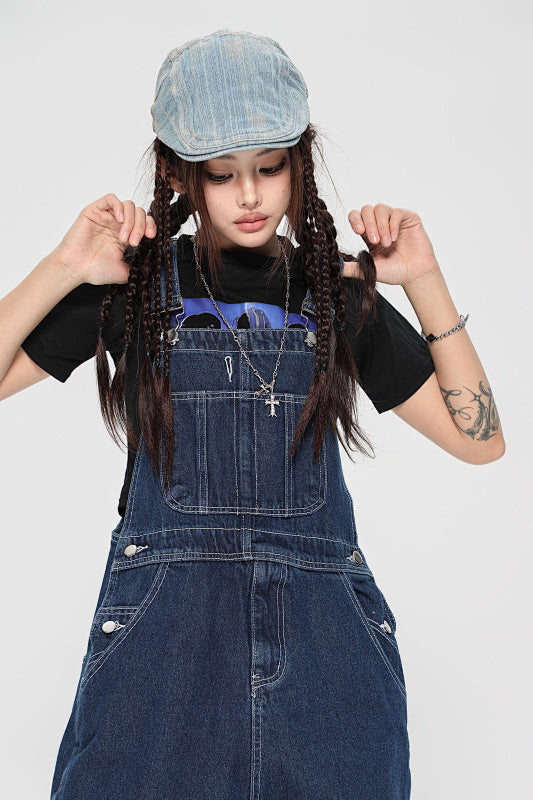 Yiaknis Wide-Leg Denim Overalls, Adjustable Straps, Blue and Black