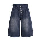 Yiaknis Wide-Leg Cropped Denim Trousers, Button Fly, Blue and Khaki – photo 5