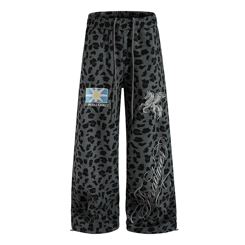 Yiaknis Leopard Print Sweatpants, Embroidered Patch, Grey and Blue
