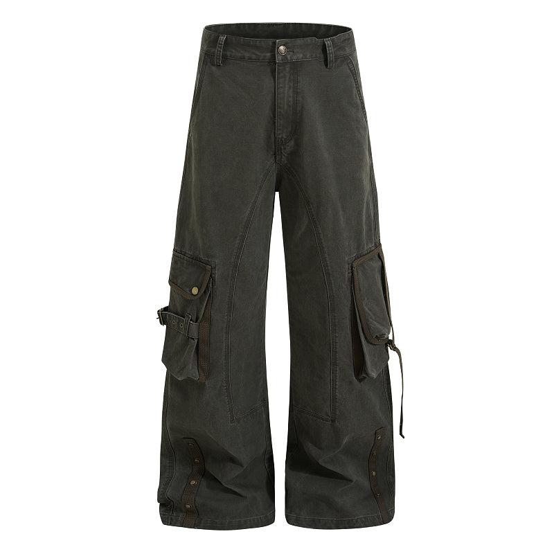 Yiaknis Wide-Leg Cargo Trousers, Pocket Straps, Dark Green and Khaki – photo 5