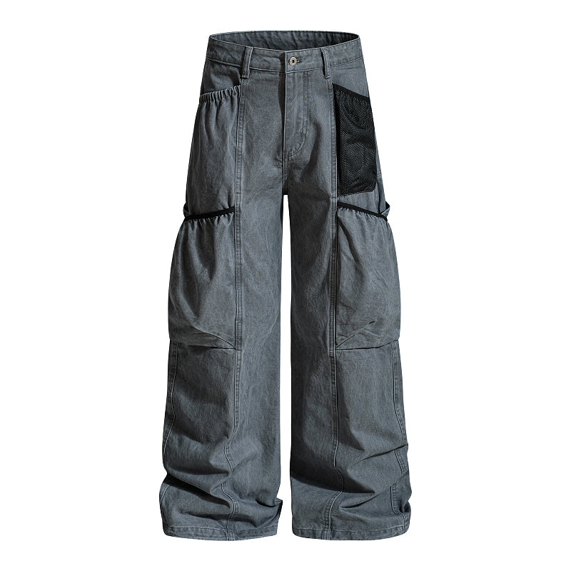 Yiaknis Wide-Leg Cargo Trousers with Mesh Pocket, Dark Grey and Blue – photo 5