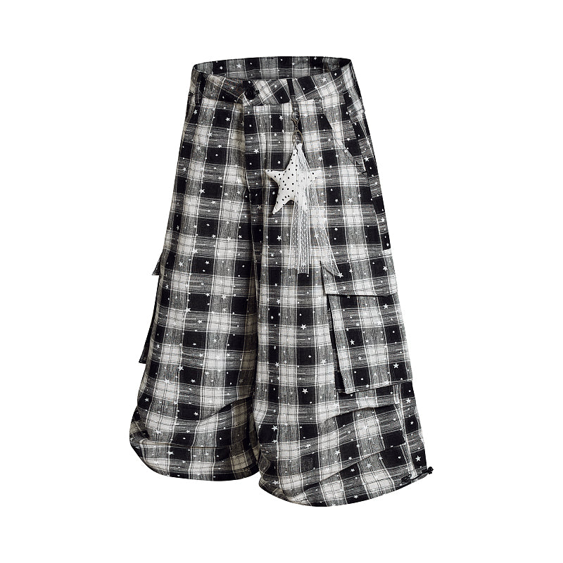 Yiaknis Black and White Plaid Wide-Leg Cropped Trousers, Star Print