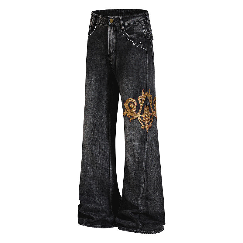 Yiaknis Black Flared Jeans with Gold Leg Embroidery