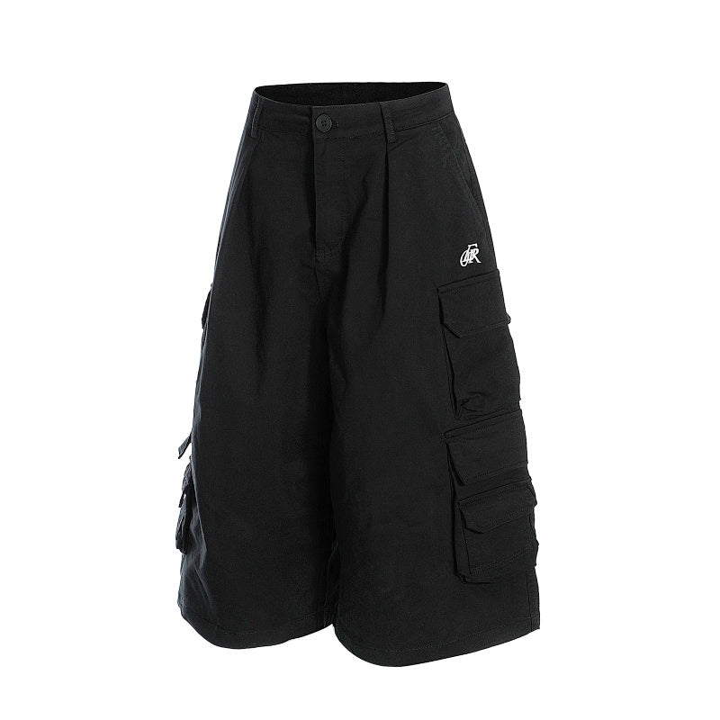 Yiaknis Black Wide-Leg Cargo Capri Pants with Side Pockets