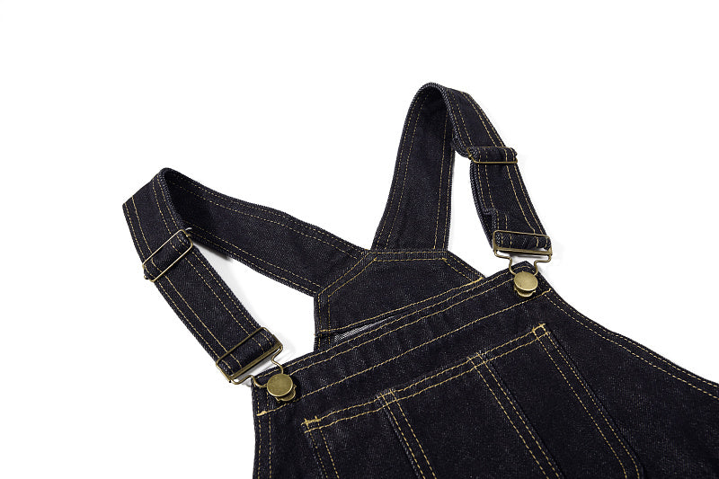 Yiaknis Denim Overalls with Leopard Print Pocket Trim - Dark Denim
