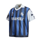 Yiaknis Men's Blue and Black Striped Short-Sleeve Top with Crest Print – photo 5