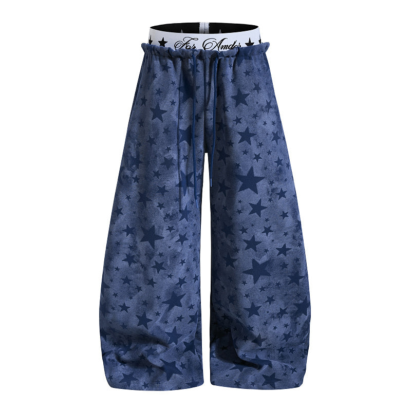 Yiaknis Wide-Leg Star Print Sweatpants, Script Print, Blue and Black