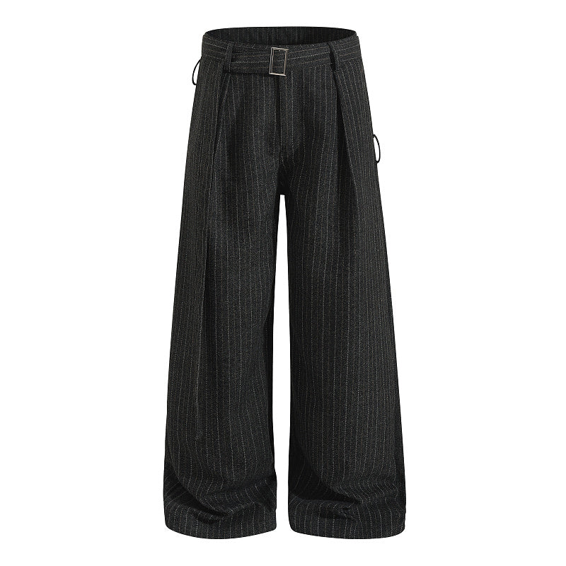 Yiaknis Black and Light Grey Pinstripe Wide-Leg Trousers, Belt Strap