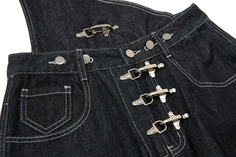 Yiaknis Black Denim Overalls with Toggle Fastening - Black Denim