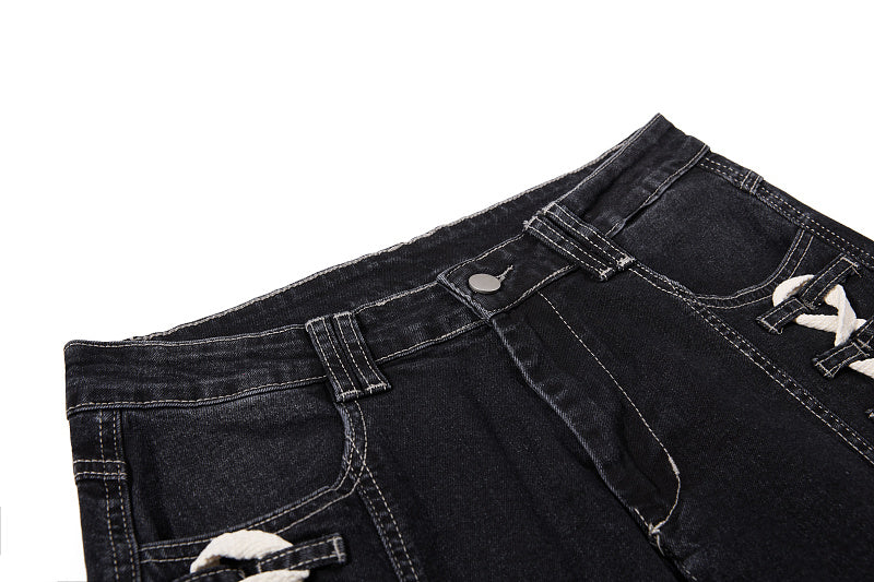 Yiaknis Black Washed Curved-Leg Jeans with Lace-Up Sides, Black