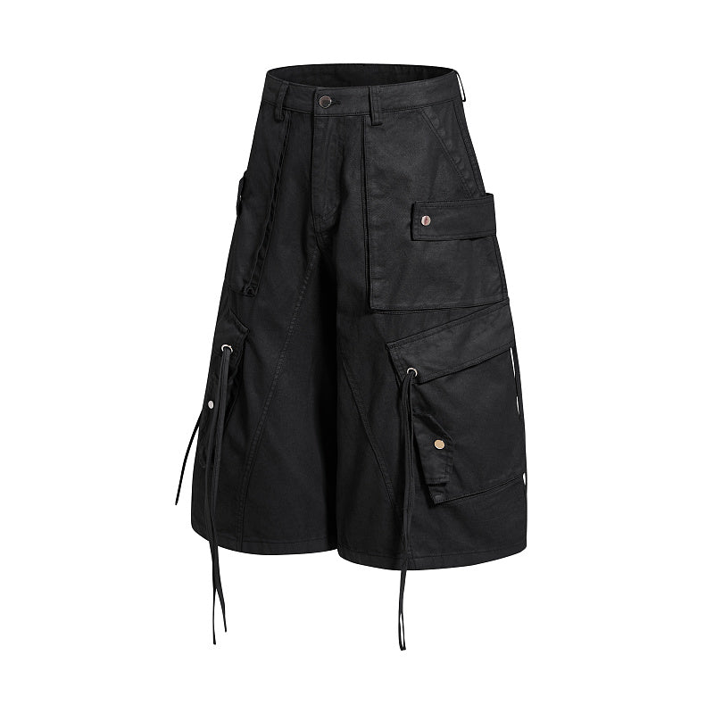 Yiaknis Black Wide-Leg Cargo Shorts with Drawstring Hems