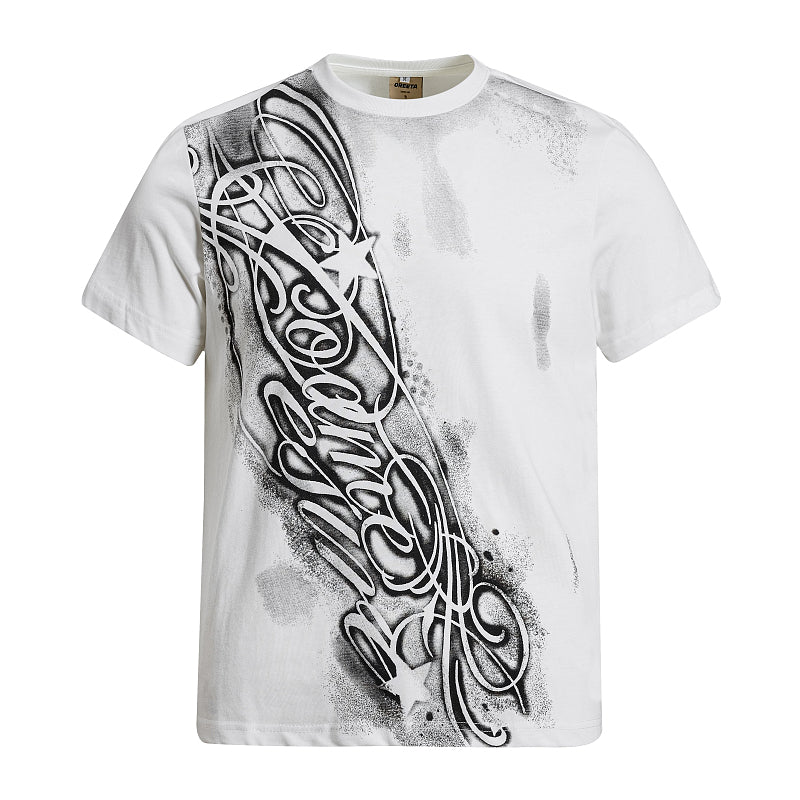 Yiaknis T-Shirt with Large Diagonal Calligraphy Print, White and Black – photo 5