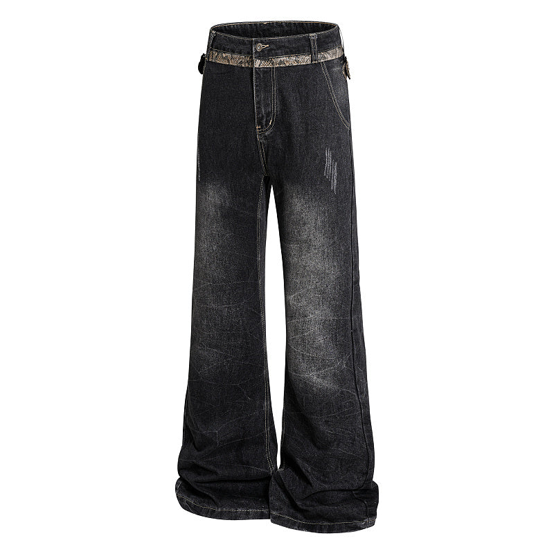 Yiaknis Black Washed Flared Jeans with Snake-Print Belt