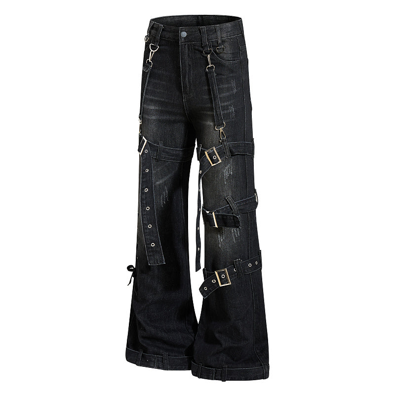 Yiaknis Black Washed Flared Jeans with Buckle Straps
