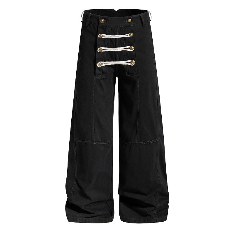 Yiaknis Wide-Leg Trousers with Rope Front Lacing, Black and Beige – photo 5