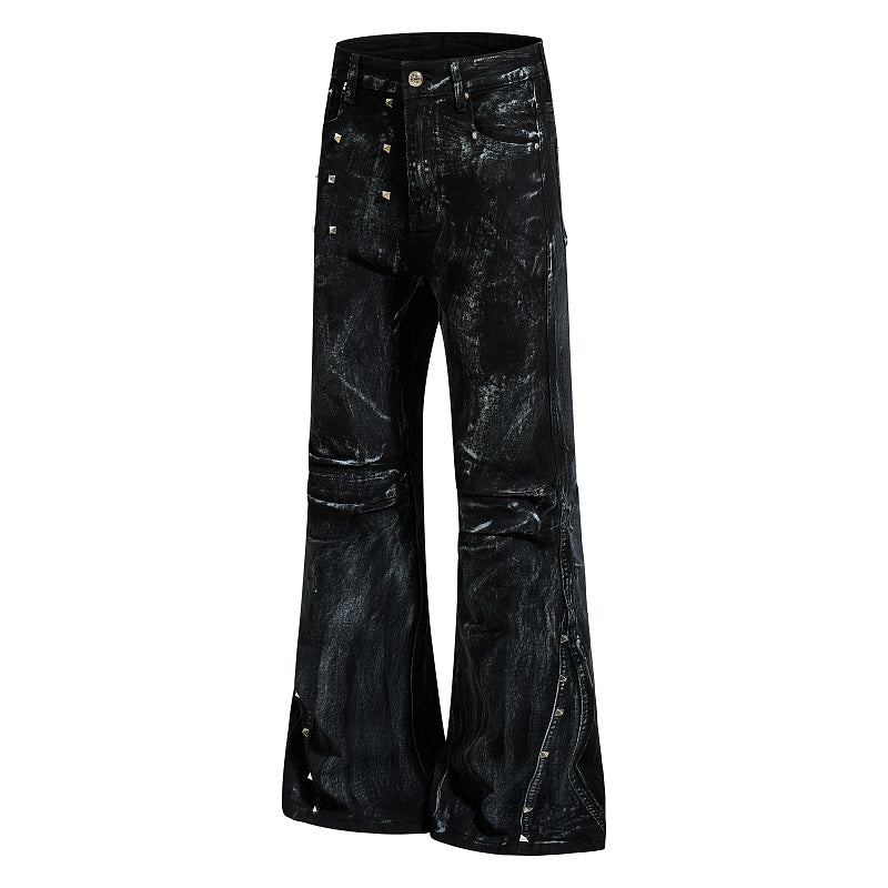 Yiaknis Black Washed Flared Jeans with Leg Studs