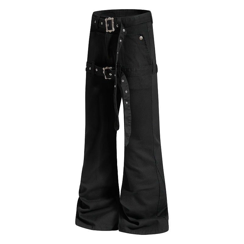 Yiaknis Black Flared Jeans with Buckle Leg Straps
