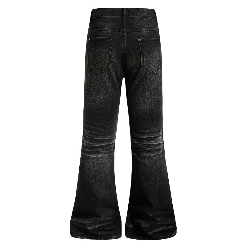 Yiaknis Black Washed Flared Jeans with Leopard Pattern, Black