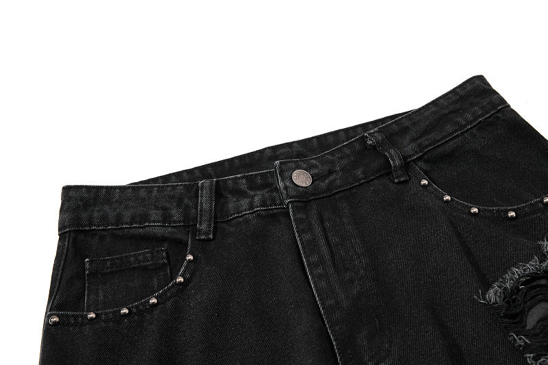 Yiaknis Black Flared Jeans with Studs and Lace-Up Panels
