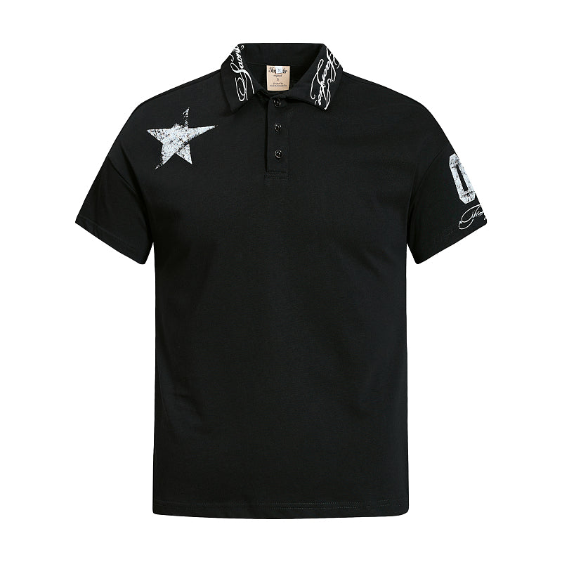 Yiaknis Men's Black and White Polo Shirt, Star Print – photo 5