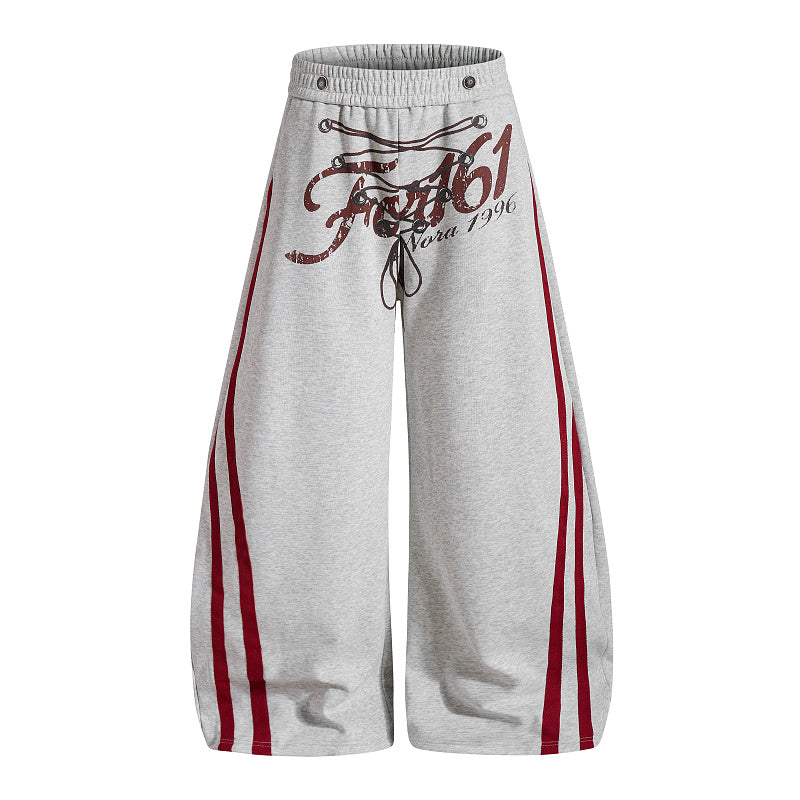 Yiaknis Wide-Leg Sweatpants, Red Side Stripes, Light Grey and Black