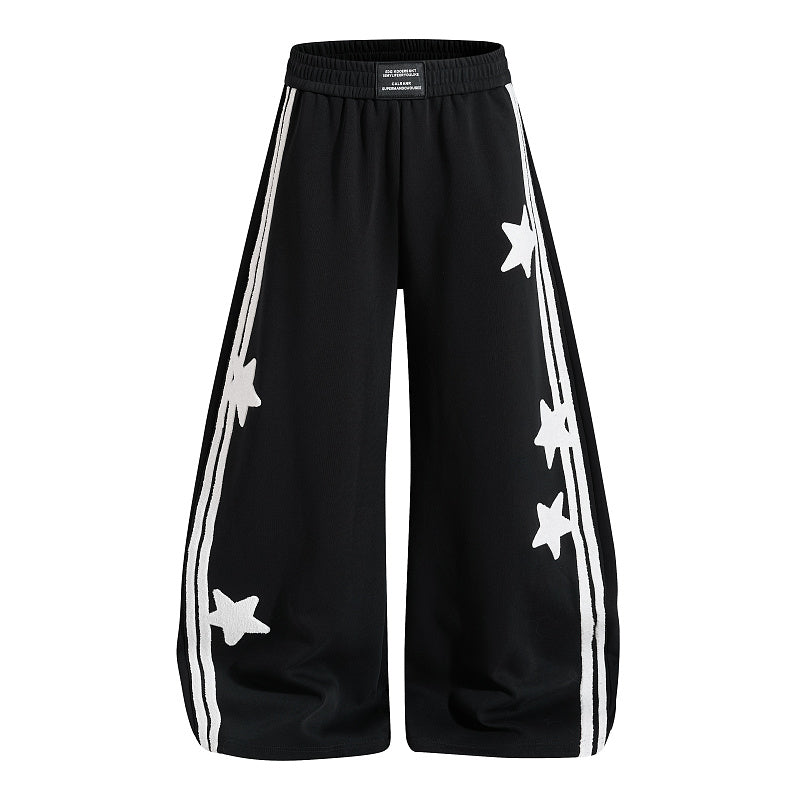 Yiaknis Wide-Leg Sweatpants with Star Side Stripes, Black and Red