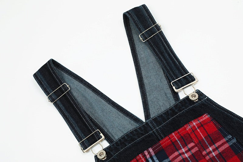 Yiaknis Dark Denim Overalls with Red Plaid Pockets and Cuffs