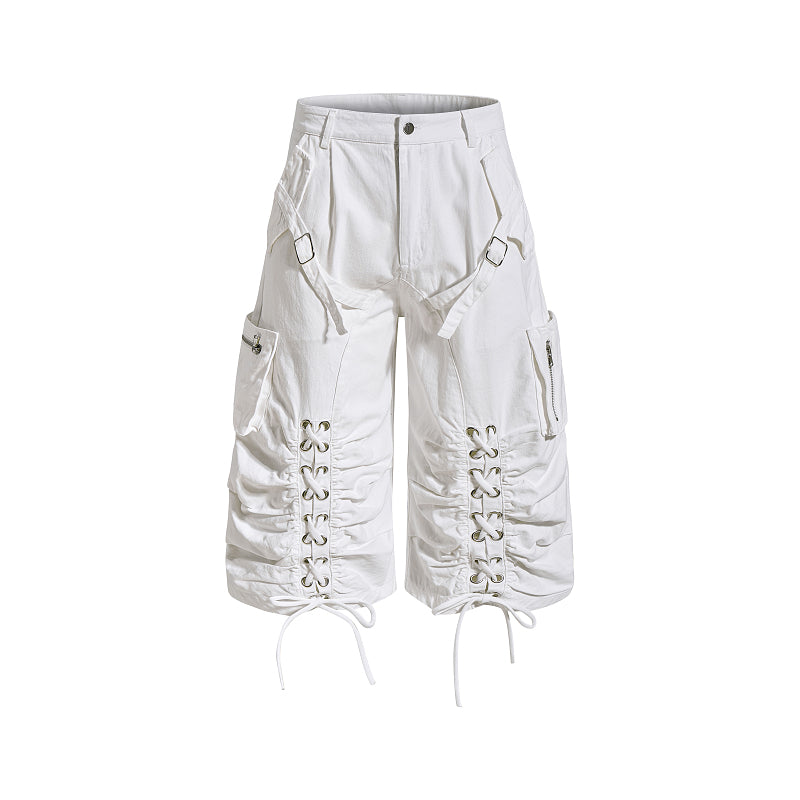Yiaknis Wide-Leg Cropped Cargo Trousers, Lace-Up Legs, Off White and Black – photo 5