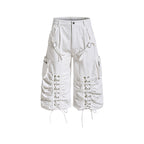 Yiaknis Wide-Leg Cropped Cargo Trousers, Lace-Up Legs, Off White and Black – photo 5