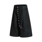 Yiaknis Wide-Leg Cropped Denim Trousers, Button Placket, Black – photo 5