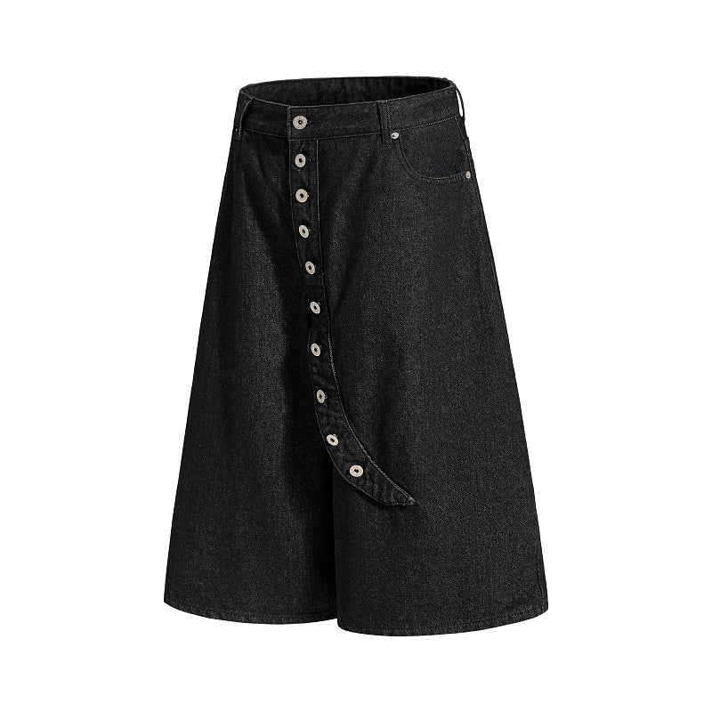 Yiaknis Wide-Leg Cropped Denim Trousers, Button Placket, Black – photo 5