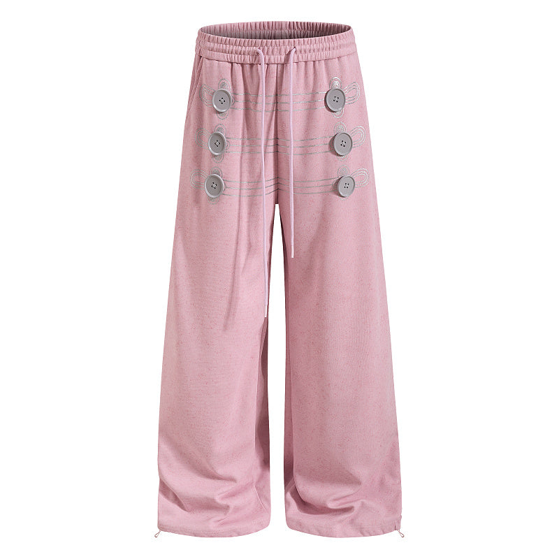 Yiaknis Wide-Leg Sweatpants with Button and Line Print, Pink and Blue