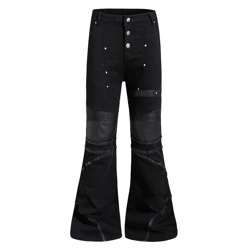 Yiaknis Black and White Flared Jeans with Leather-Look Panels