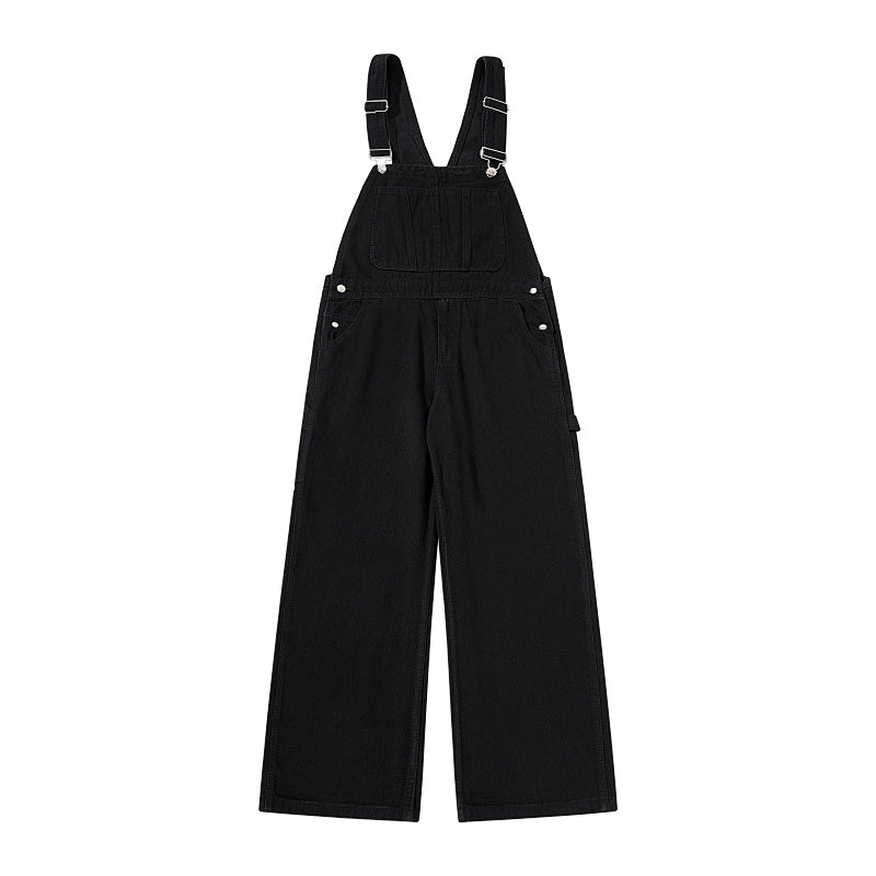 Yiaknis Wide-Leg Denim Overalls, Bib and Cargo Pockets, Dark Blue and Black
