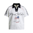 Yiaknis Men's Black and White V-Neck Polo Shirt, Script and Flag Print – photo 5