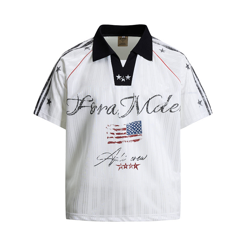 Yiaknis Men's Black and White V-Neck Polo Shirt, Script and Flag Print – photo 5