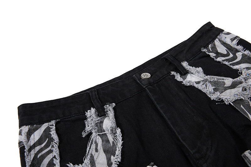 Yiaknis Black Flared Trousers with Zebra-Print Panels, Black