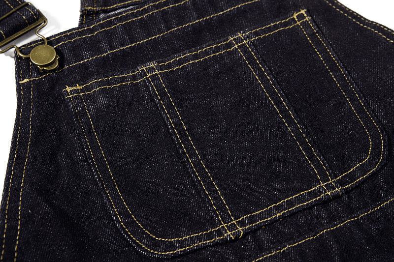 Yiaknis Denim Overalls with Leopard Print Pocket Trim - Dark Denim