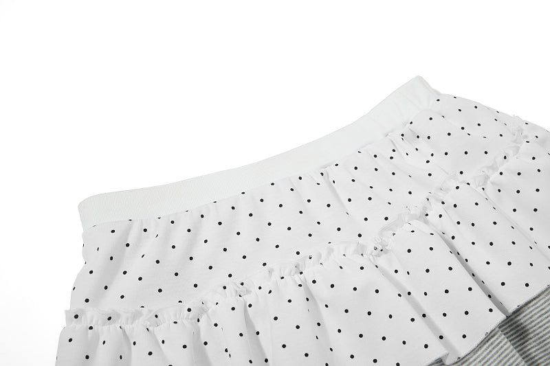 Yiaknis Polka Dot Mini Skirt, Grey Striped Underskirt, White and Grey
