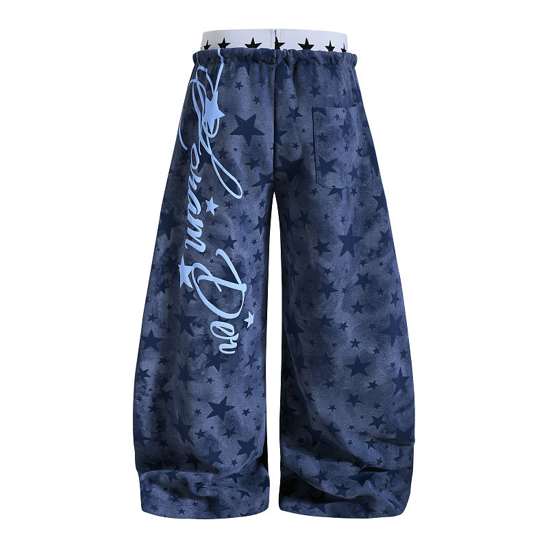 Yiaknis Wide-Leg Star Print Sweatpants, Script Print, Blue and Black