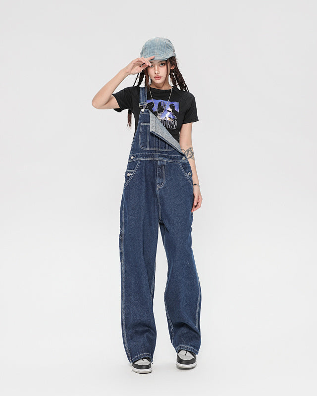 Yiaknis Wide-Leg Denim Overalls, Adjustable Straps, Blue and Black
